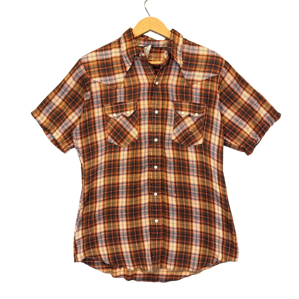 Dee Cee Brand Western Pearl Snap Shirt Men Large Orange Plaid Vintage Distressed